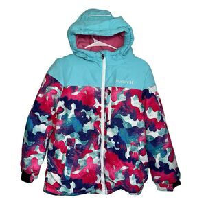Hurley Winter Snow Jacket Hooded Ski Jacket Pink Blue Youth Girls M 10/12
